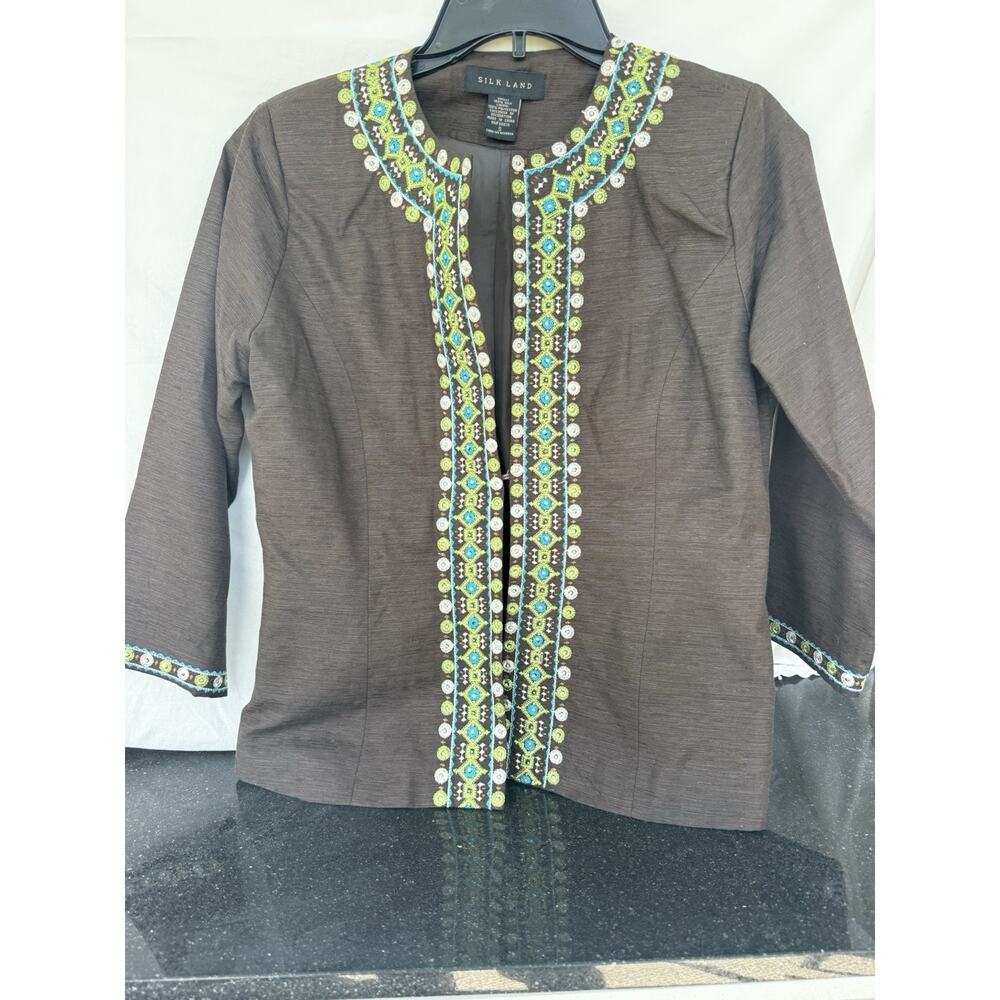 SilkLand Chocolate Brown Silk Embroidered Jacket Small Stunning Hand stitching